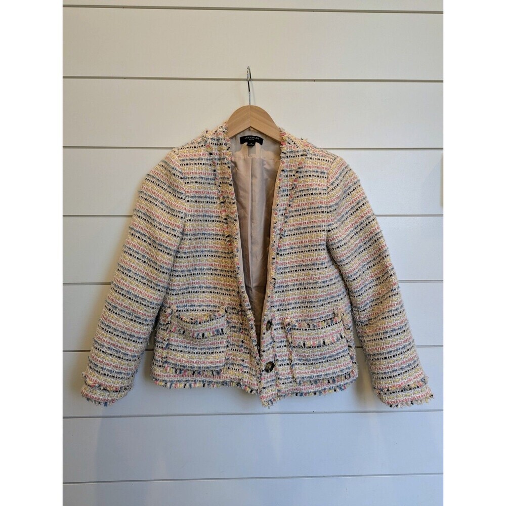 Ann Taylor Blazer Pastel Fiesta Tweed Fringe Jacket Size 0P